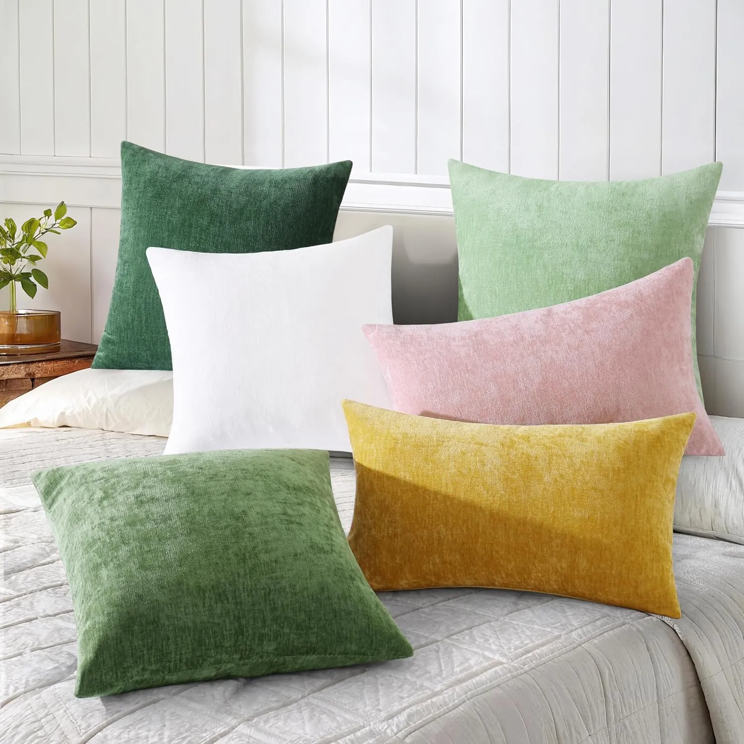 decorUhome Couch Throw Pillow Covers 24X24 Set of 2, Decorative Soft Neutral Chenille Solid Dyed Square Pillow Covers for Sofa Bed Living Room, Moss Green