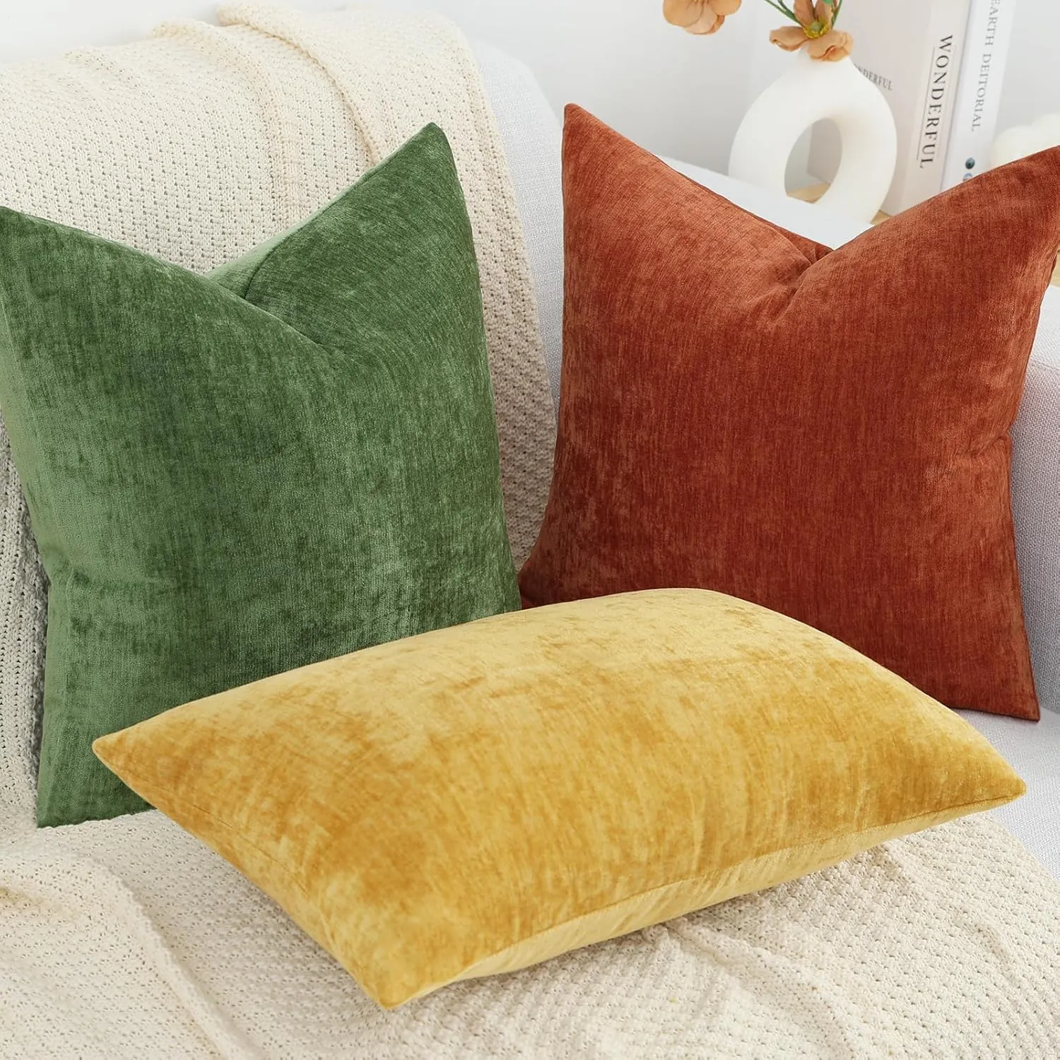 decorUhome Couch Throw Pillow Covers 24X24 Set of 2, Decorative Soft Neutral Chenille Solid Dyed Square Pillow Covers for Sofa Bed Living Room, Moss Green