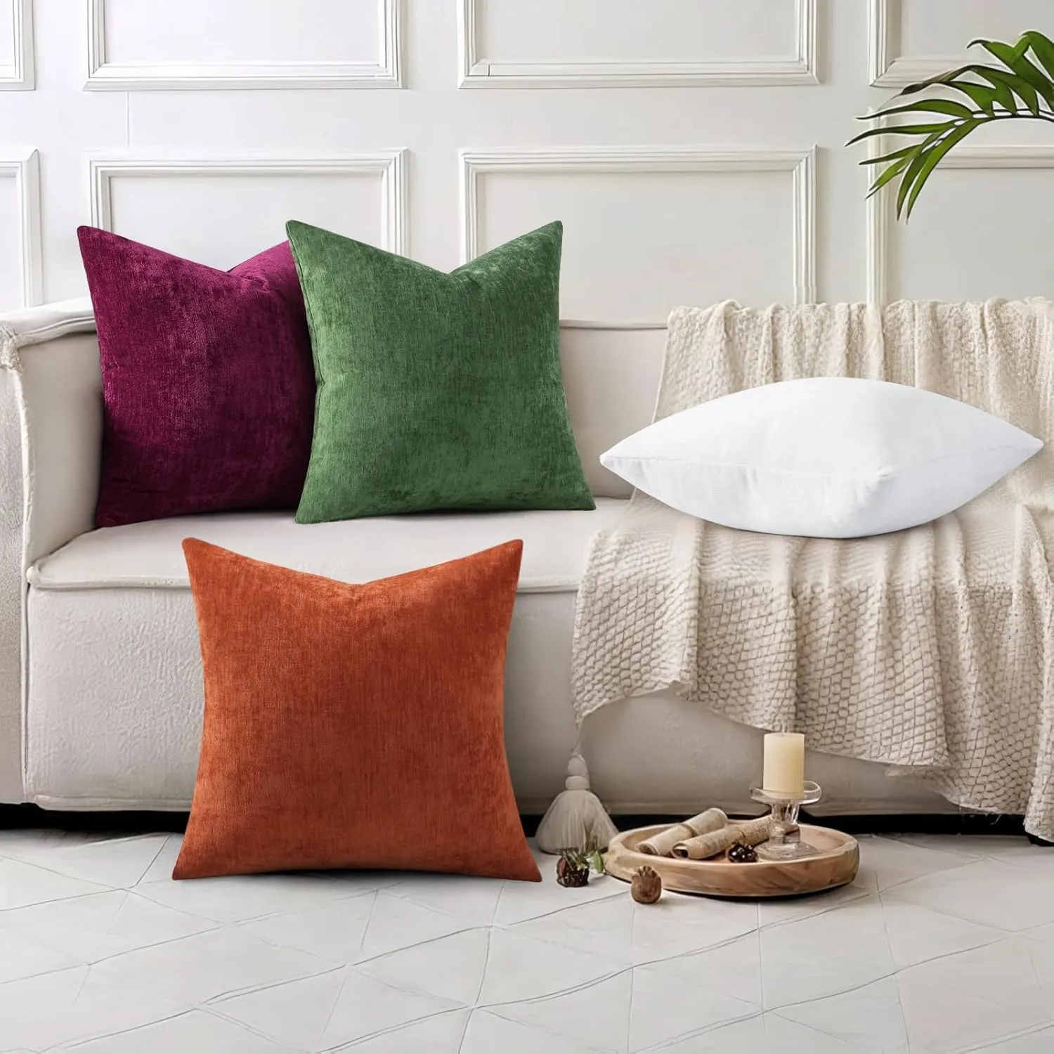 decorUhome Couch Throw Pillow Covers 24X24 Set of 2, Decorative Soft Neutral Chenille Solid Dyed Square Pillow Covers for Sofa Bed Living Room, Moss Green