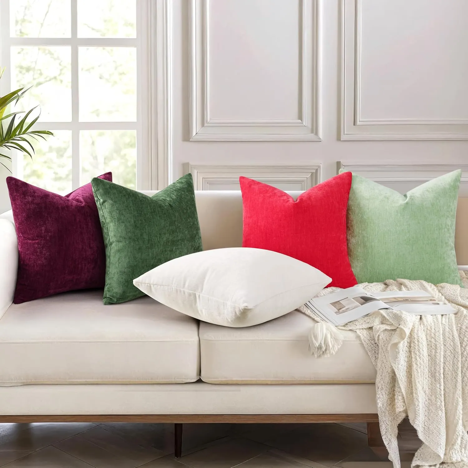 decorUhome Couch Throw Pillow Covers 24X24 Set of 2, Decorative Soft Neutral Chenille Solid Dyed Square Pillow Covers for Sofa Bed Living Room, Moss Green
