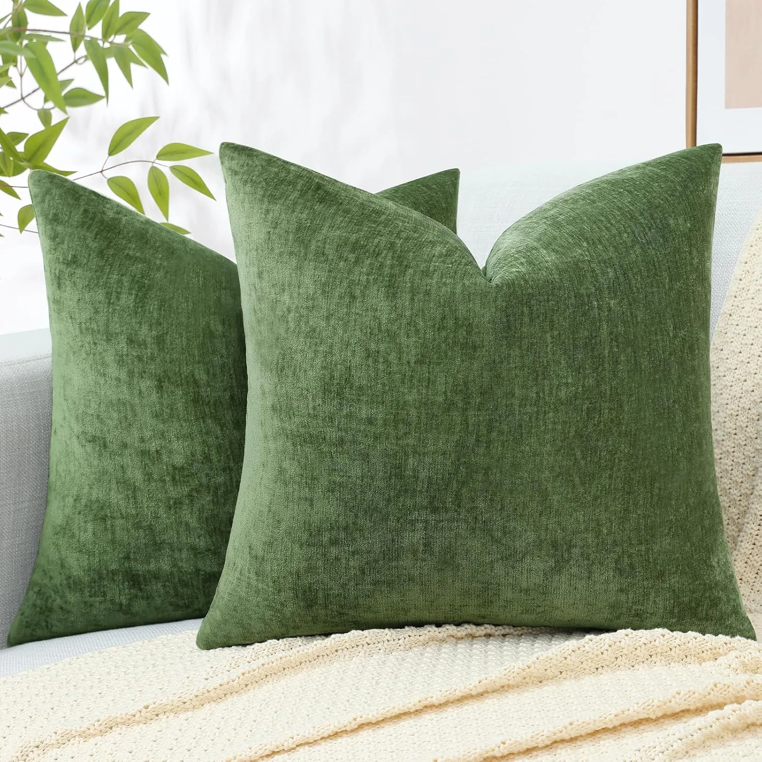 decorUhome Couch Throw Pillow Covers 24X24 Set of 2, Decorative Soft Neutral Chenille Solid Dyed Square Pillow Covers for Sofa Bed Living Room, Moss Green