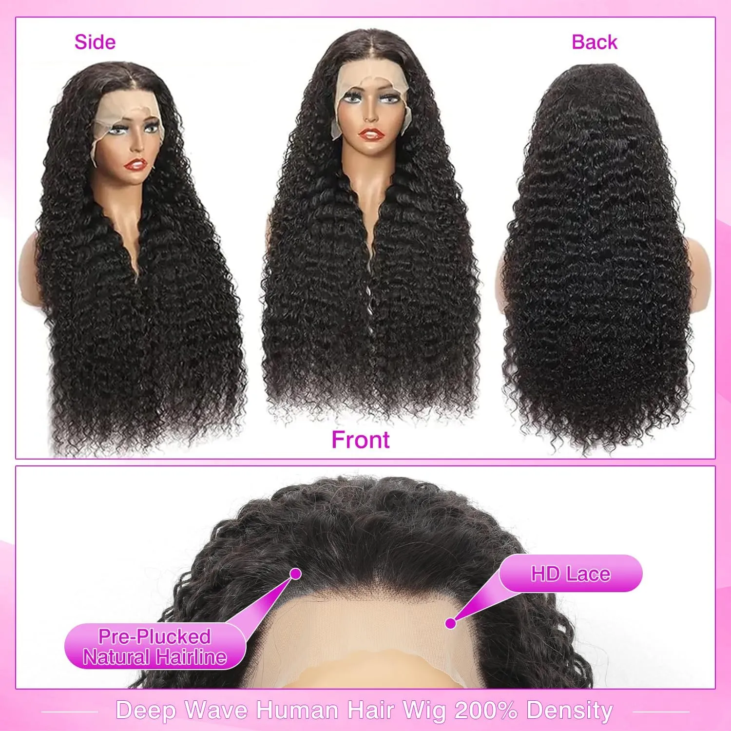 Deep Wave Lace Front Wigs Human Hair 13x6 HD Transparent Lace Front Wigs Human Hair 200% Density Deep Curly Human Hair Wig Pre Plucked Lace Frontal Wigs Natural Color 34 Inch