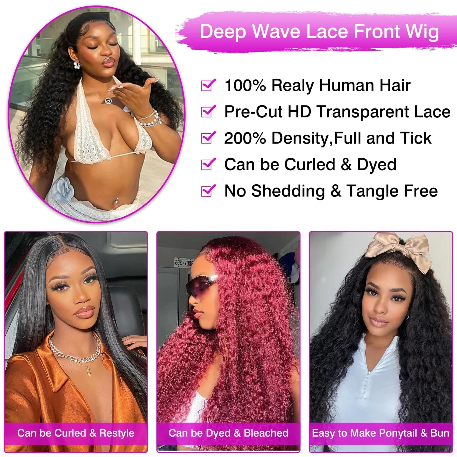 Deep Wave Lace Front Wigs Human Hair 13x6 HD Transparent Lace Front Wigs Human Hair 200% Density Deep Curly Human Hair Wig Pre Plucked Lace Frontal Wigs Natural Color 34 Inch