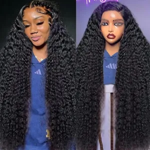 Deep Wave Lace Front Wigs Human Hair 13x6 HD Transparent Lace Front Wigs Human Hair 200% Density Deep Curly Human Hair Wig Pre Plucked Lace Frontal Wigs Natural Color 34 Inch