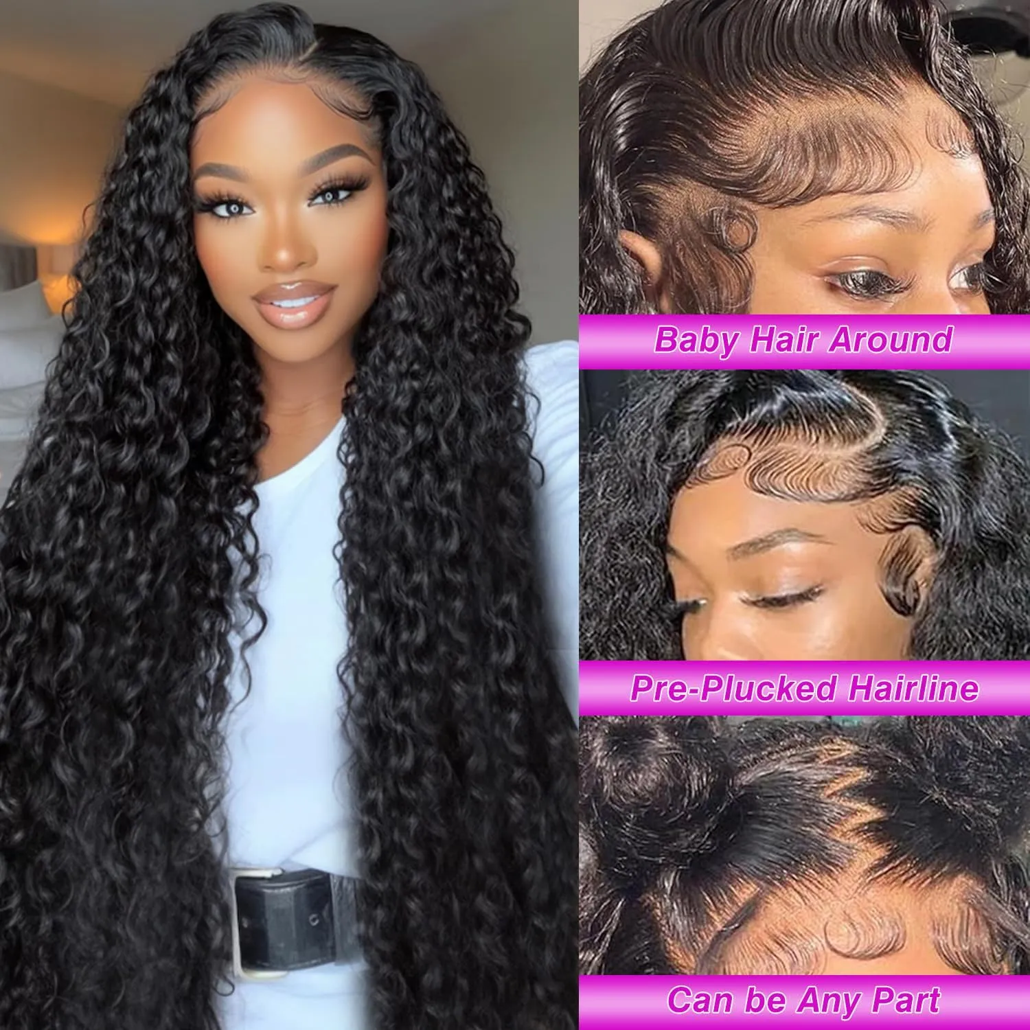 Deep Wave Lace Front Wigs Human Hair 13x6 HD Transparent Lace Front Wigs Human Hair 200% Density Deep Curly Human Hair Wig Pre Plucked Lace Frontal Wigs Natural Color 34 Inch
