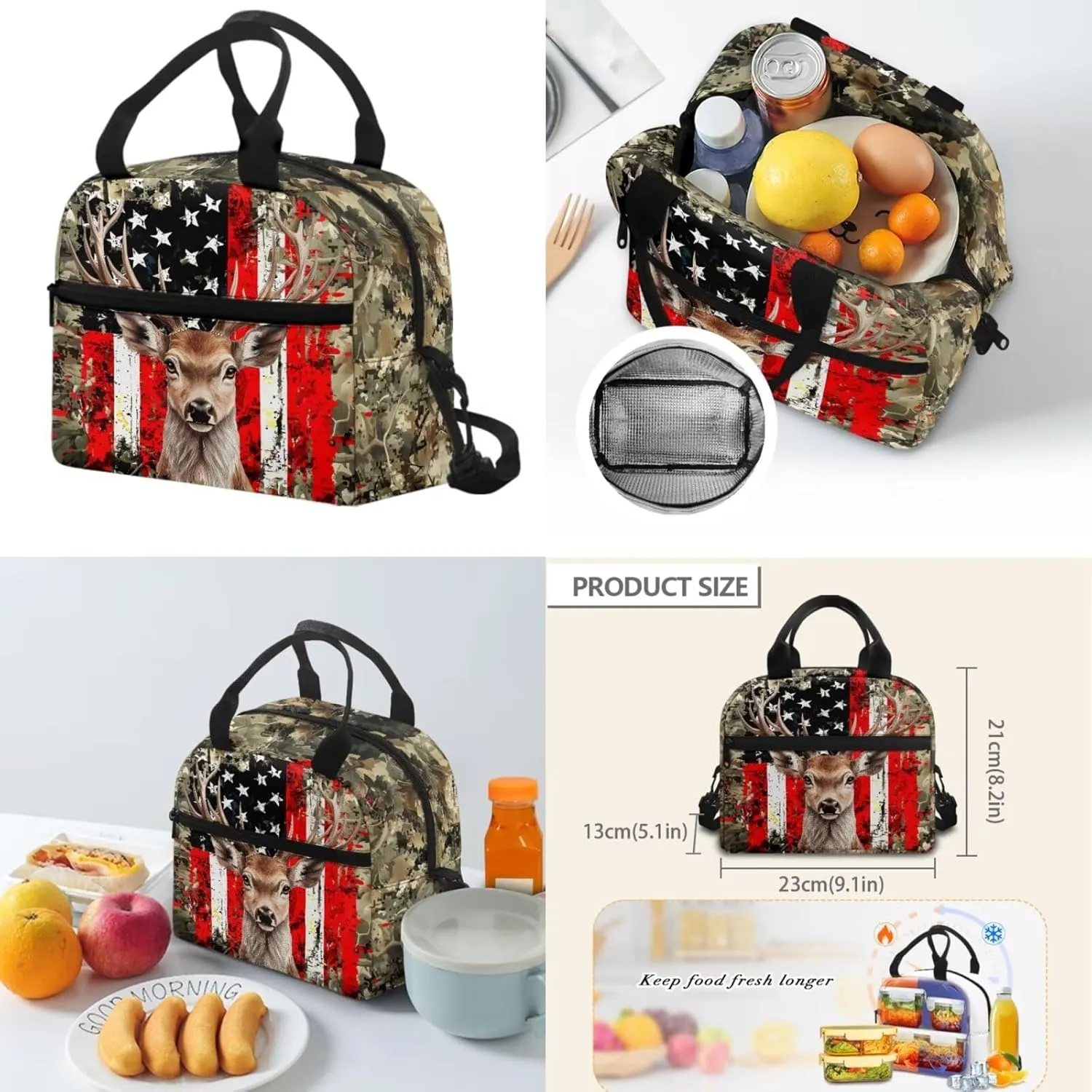 Deer Backpack and Lunch Box Set Boys American Flag Kids Backpack Elementary School 4 in 1 Set for Primary Kids Casual Daypack Tote Bags