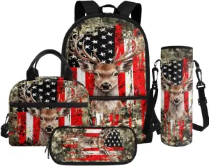 Deer Backpack and Lunch Box Set Boys American Flag Kids Backpack Elementary School 4 in 1 Set for Primary Kids Casual Daypack Tote Bags