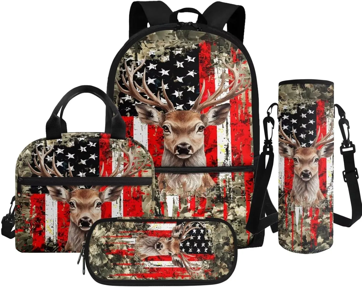 Deer Backpack and Lunch Box Set Boys American Flag Kids Backpack Elementary School 4 in 1 Set for Primary Kids Casual Daypack Tote Bags