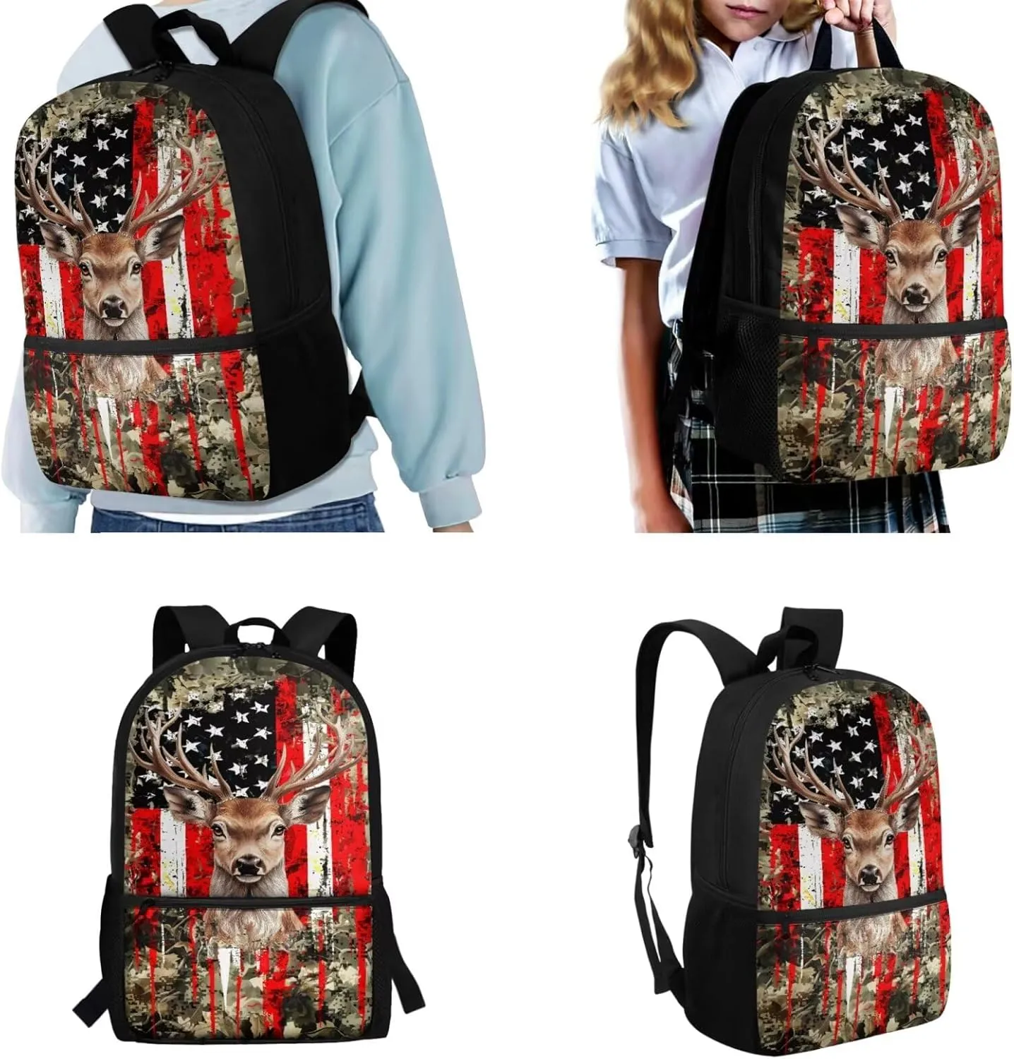 Deer Backpack and Lunch Box Set Boys American Flag Kids Backpack Elementary School 4 in 1 Set for Primary Kids Casual Daypack Tote Bags