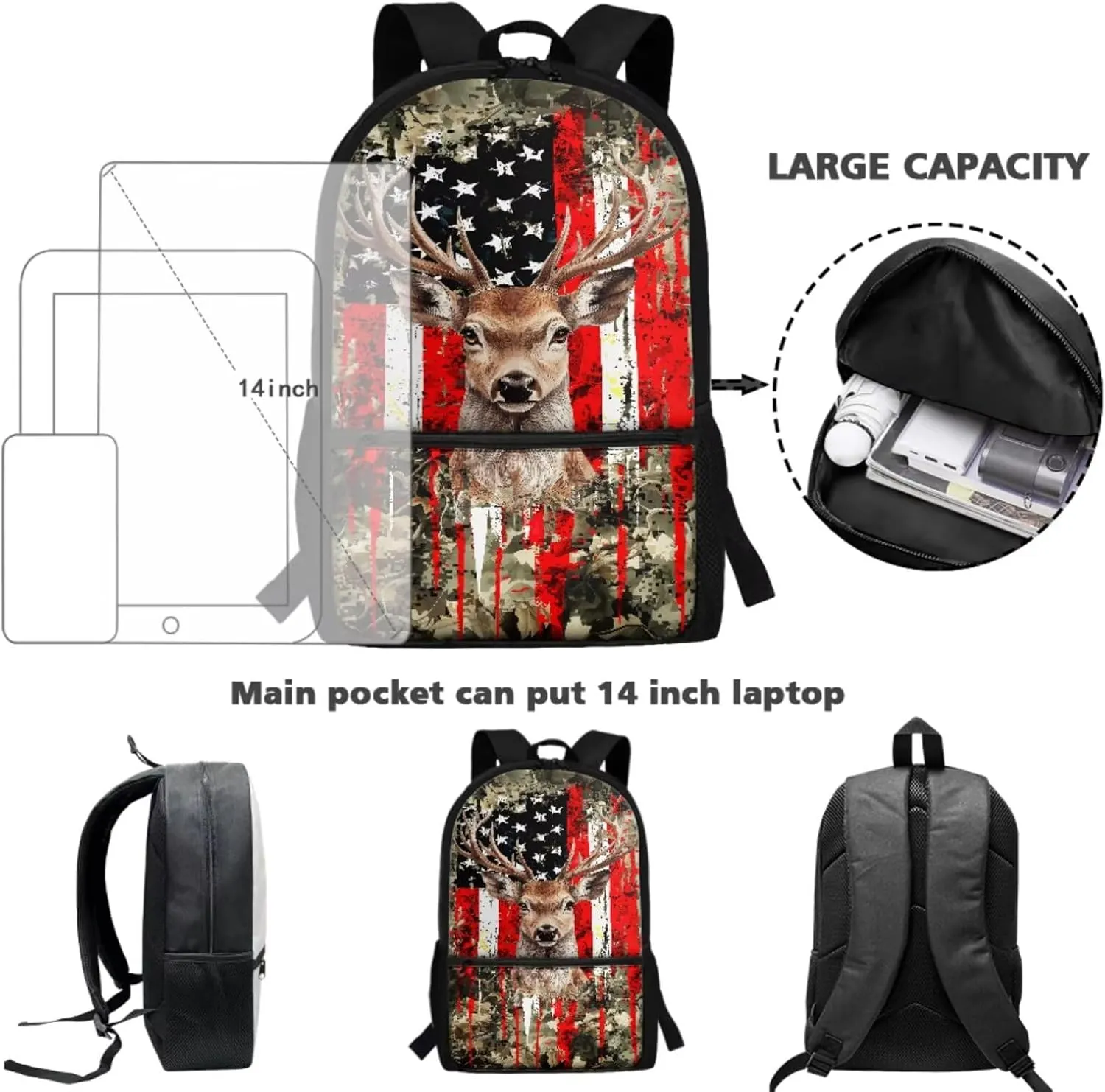 Deer Backpack and Lunch Box Set Boys American Flag Kids Backpack Elementary School 4 in 1 Set for Primary Kids Casual Daypack Tote Bags