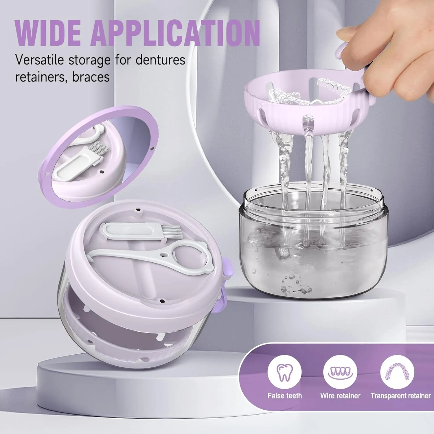 Denture Bath Box Cup, Leak Proof Denture Cup Kit Portable Retainer Case for Travel, Denture Case Cleaning Care for Dentures Aligner Mouth Guard with Denture Brush,Strainer, Removal Tool and Mirror