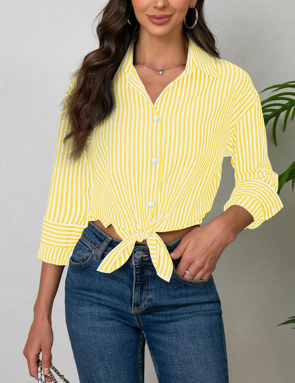 Diosun Womens Striped Button Down Shirts Classic Long Sleeve Stylish Collared Office Work Blouses Tops