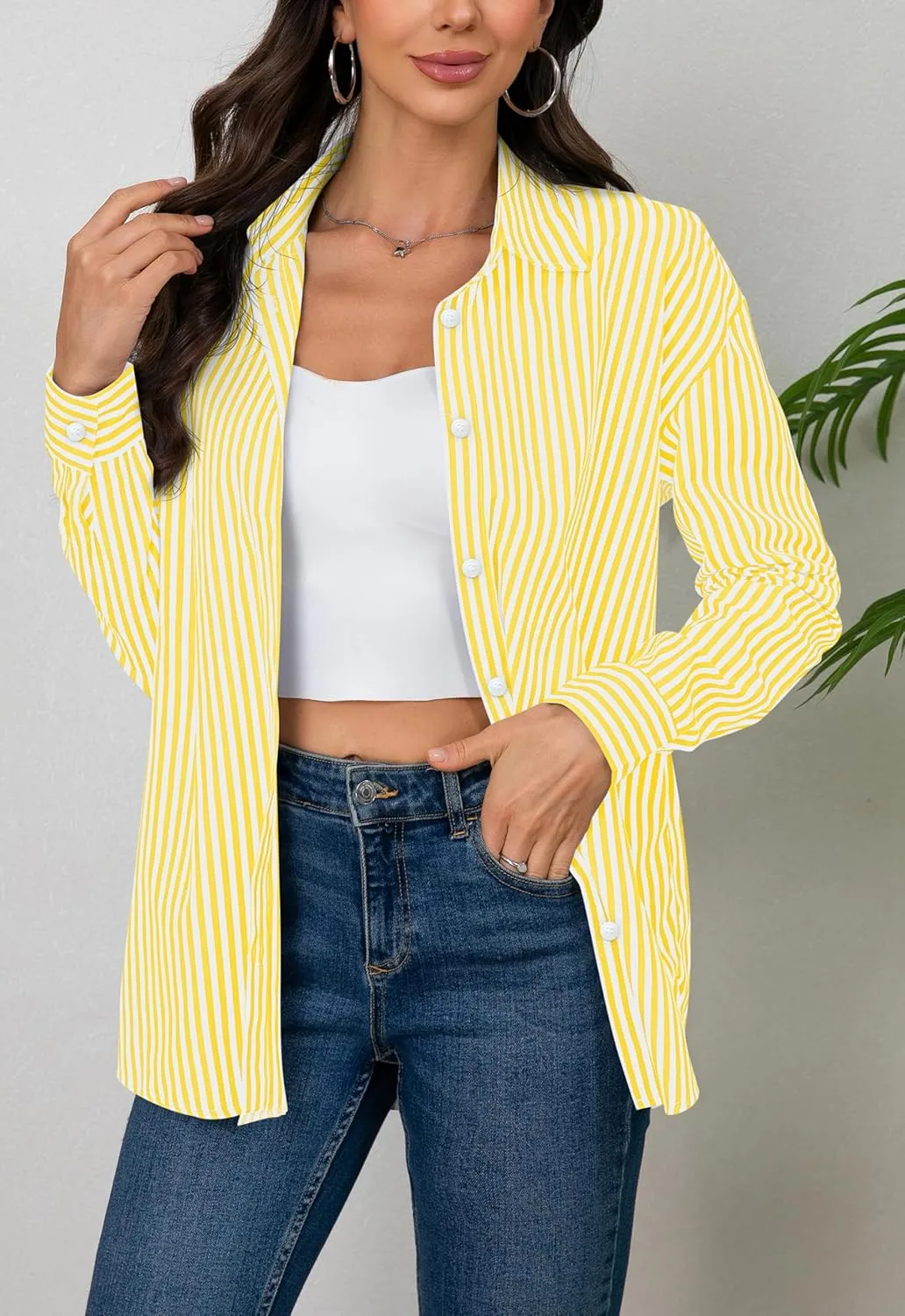 Diosun Womens Striped Button Down Shirts Classic Long Sleeve Stylish Collared Office Work Blouses Tops