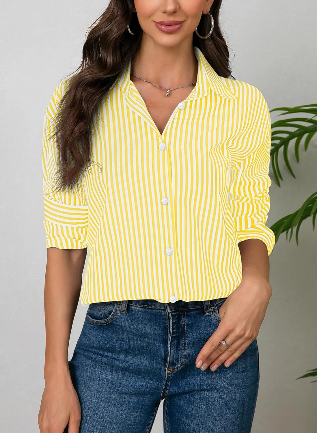 Diosun Womens Striped Button Down Shirts Classic Long Sleeve Stylish Collared Office Work Blouses Tops