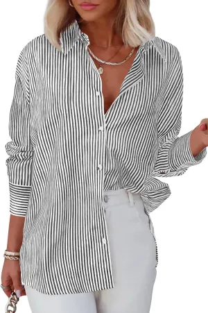Diosun Womens Striped Button Down Shirts Classic Long Sleeve Stylish Collared Office Work Blouses Tops