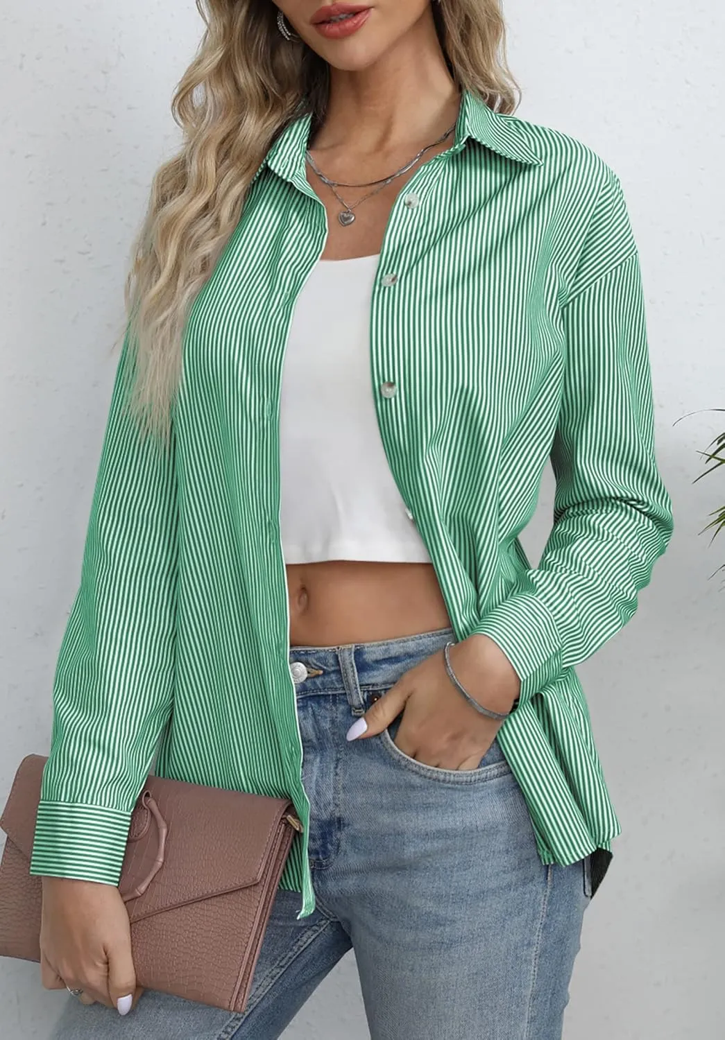 Diosun Womens Striped Button Down Shirts Classic Long Sleeve Stylish Collared Office Work Blouses Tops