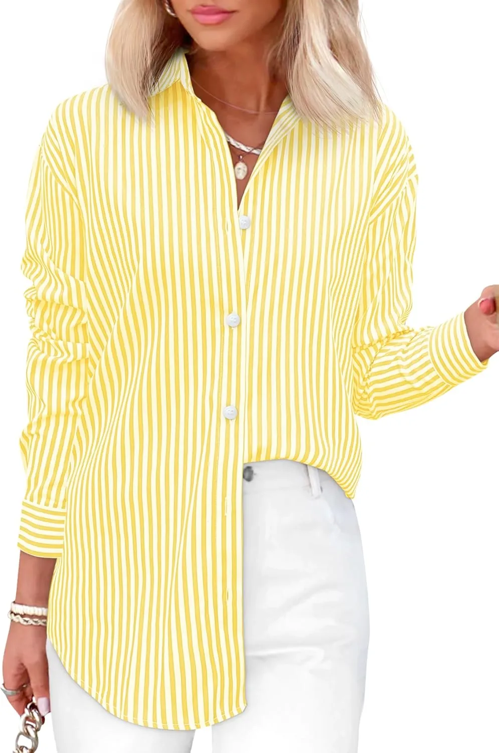 Diosun Womens Striped Button Down Shirts Classic Long Sleeve Stylish Collared Office Work Blouses Tops