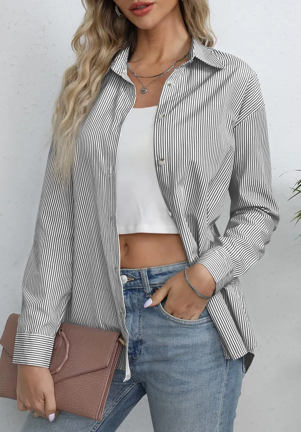 Diosun Womens Striped Button Down Shirts Classic Long Sleeve Stylish Collared Office Work Blouses Tops