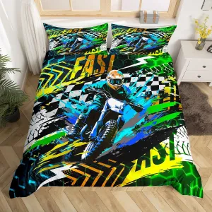 Dirt Bike Bedding Set Twin Size Kids Motocross Rider Comforter Cover Set for Boys Teens Extreme Sports Motorbike Motorcycle Duvet Cover Sports Competition Bedspread Cover Hexagonal Decor Quilt Cover