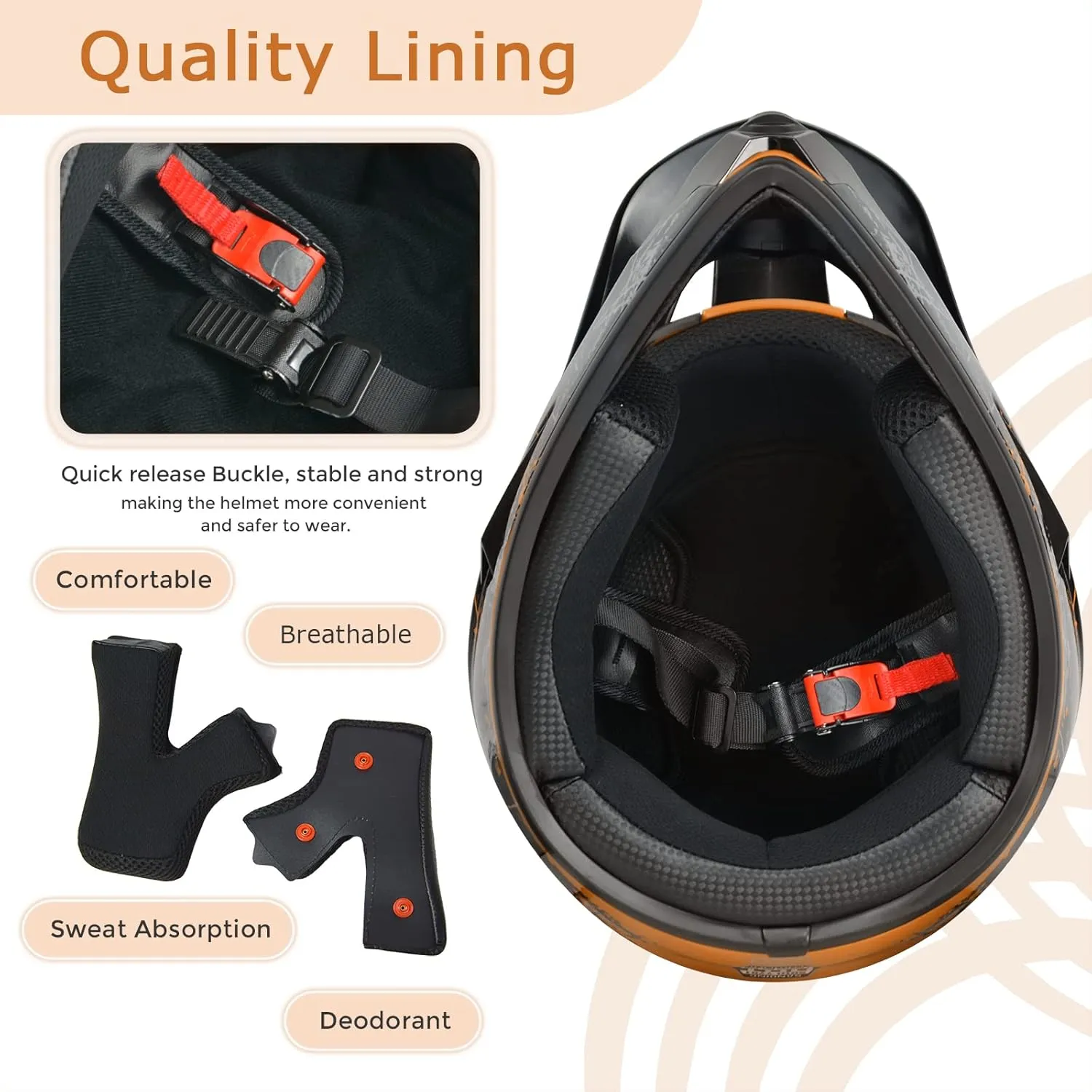 Dirt Bike Helmets Youth Motocross, Motorcycle, BMX, ATV, Off-Road, Four Wheeler, Adult Moutain Bike Helmets Dot Approved (Goggles Gloves Faceshield) (Orange, X-Large)