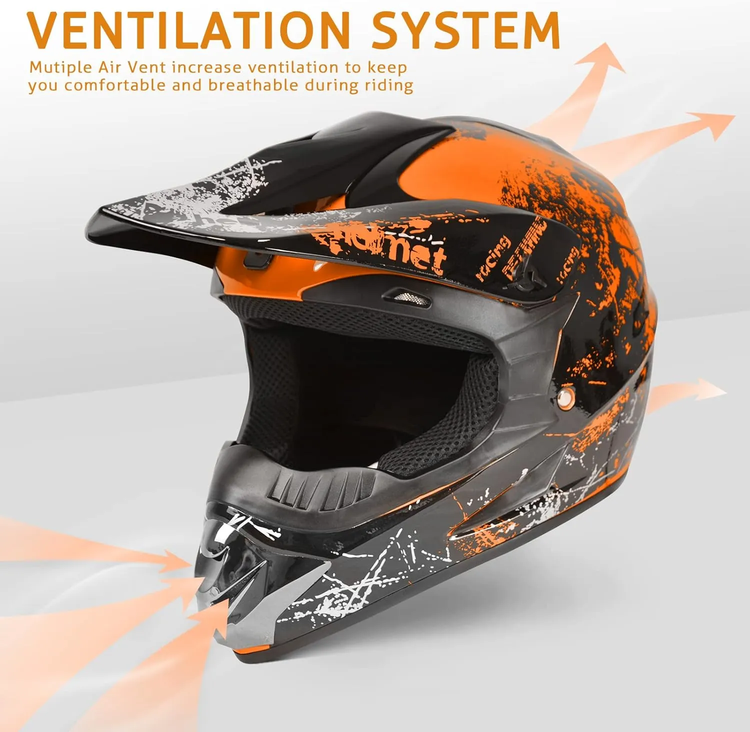 Dirt Bike Helmets Youth Motocross, Motorcycle, BMX, ATV, Off-Road, Four Wheeler, Adult Moutain Bike Helmets Dot Approved (Goggles Gloves Faceshield) (Orange, X-Large)