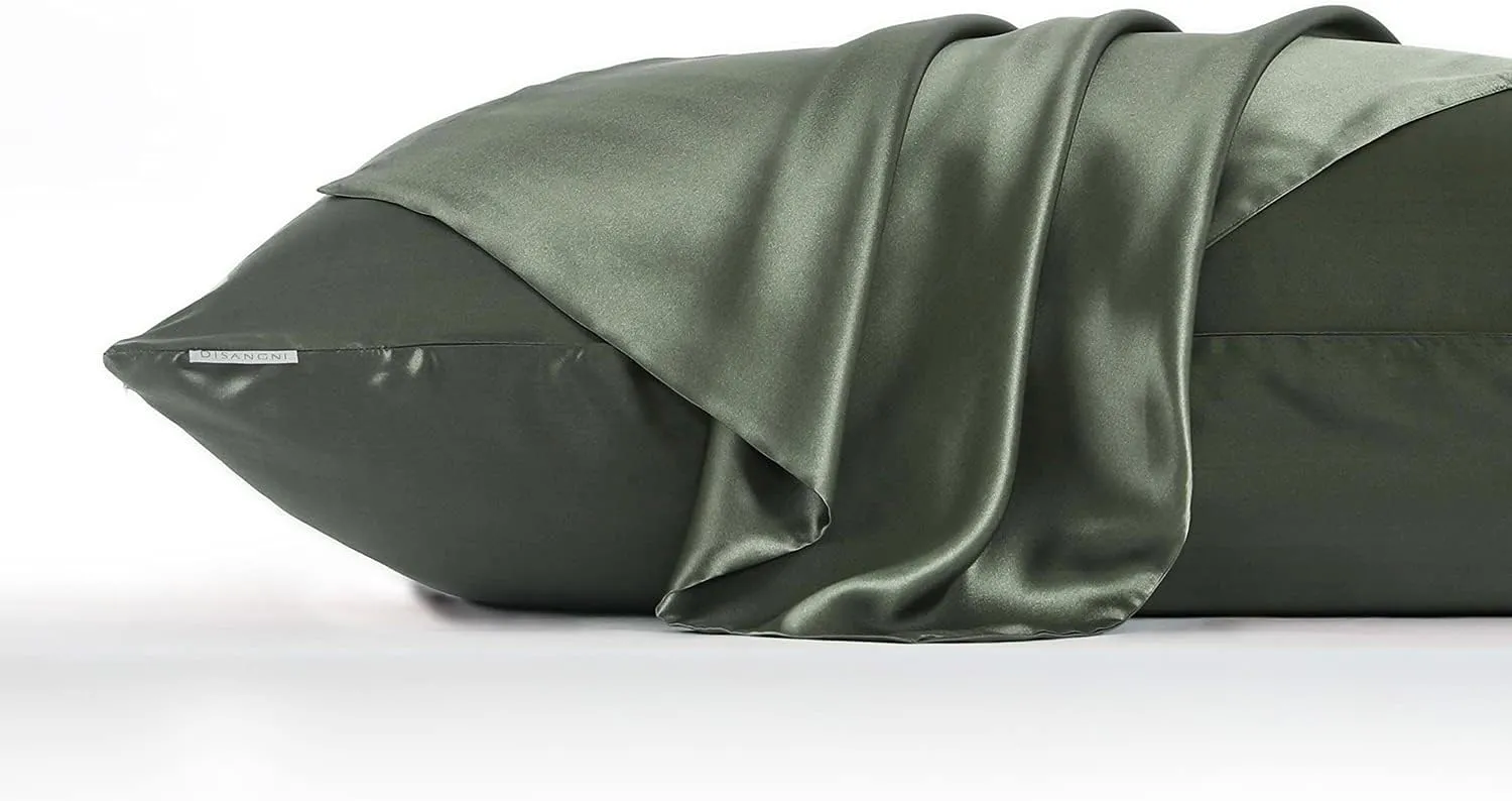 DISANGNI 100% Silk Pillow Cases 2 Packfor Hair and Skin,with Hidden Zipper 22 Momme Both Sides Pure Natural Mulberry Silk Real Silk Pillow Case (2 pc Standard Size 20"x26" Green)