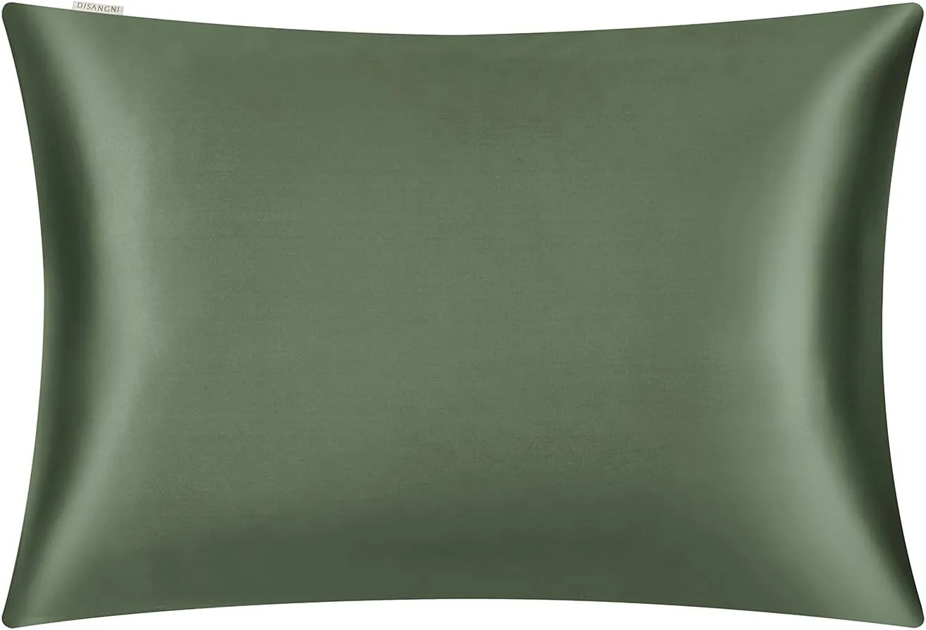 DISANGNI 100% Silk Pillow Cases 2 Packfor Hair and Skin,with Hidden Zipper 22 Momme Both Sides Pure Natural Mulberry Silk Real Silk Pillow Case (2 pc Standard Size 20"x26" Green)