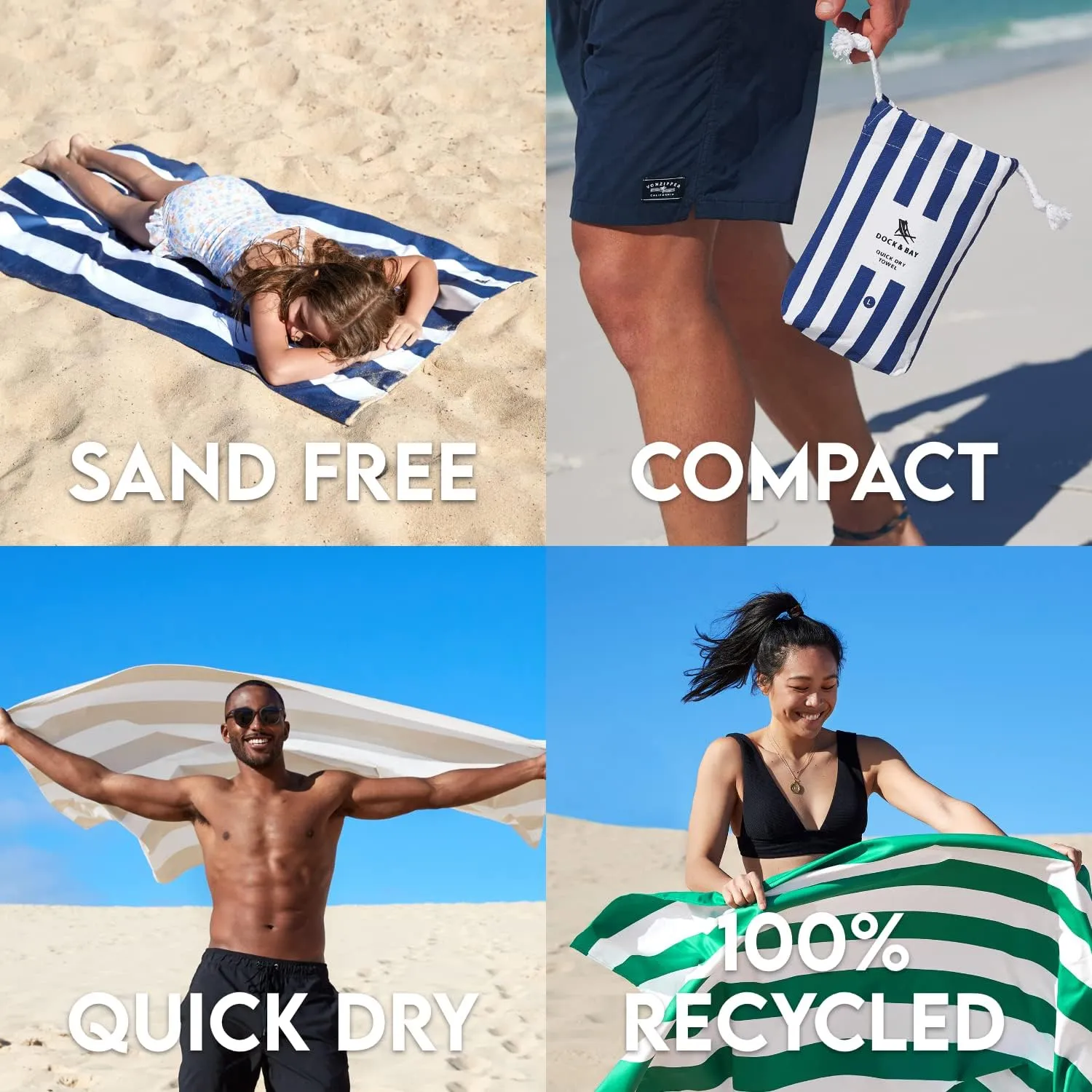 Dock & Bay Beach Towel - Quick Dry, Sand Free - Compact, Lightweight - 100% Recycled - Includes Bag - Cabana - Kamari Charcoal - Large (160x90cm, 63x35)