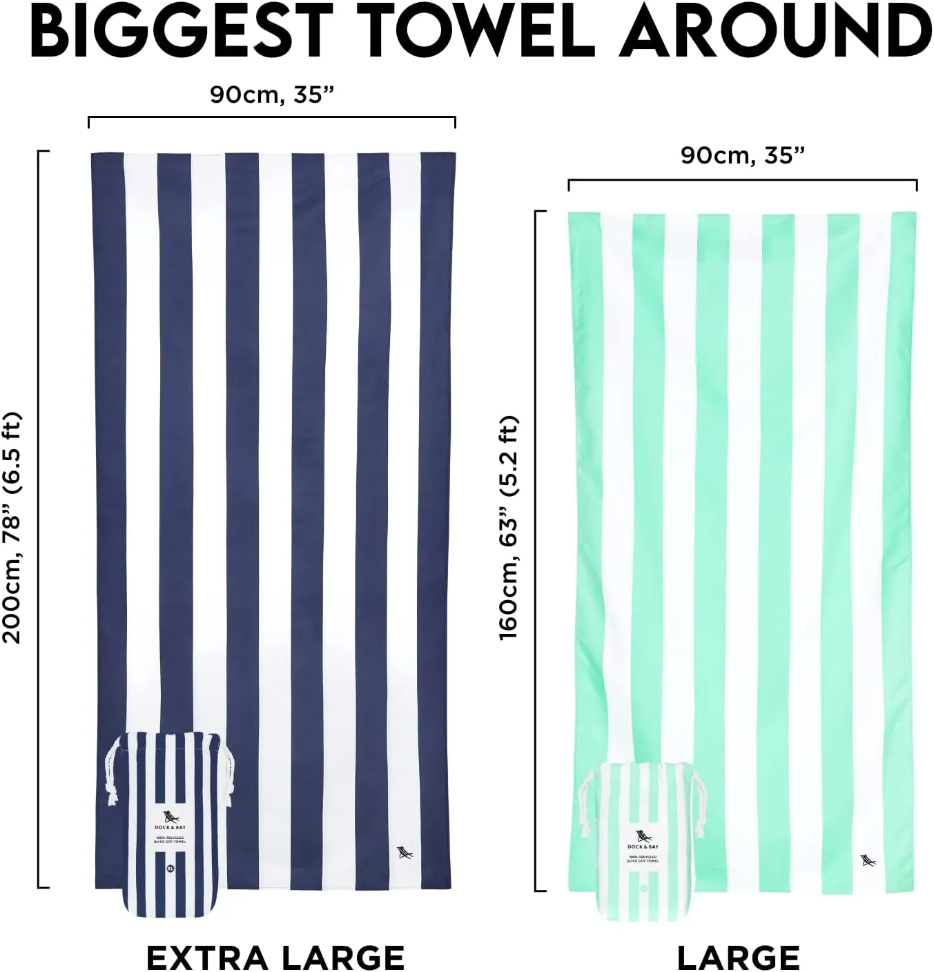 Dock & Bay Beach Towel - Quick Dry, Sand Free - Compact, Lightweight - 100% Recycled - Includes Bag - Cabana - Kamari Charcoal - Large (160x90cm, 63x35)