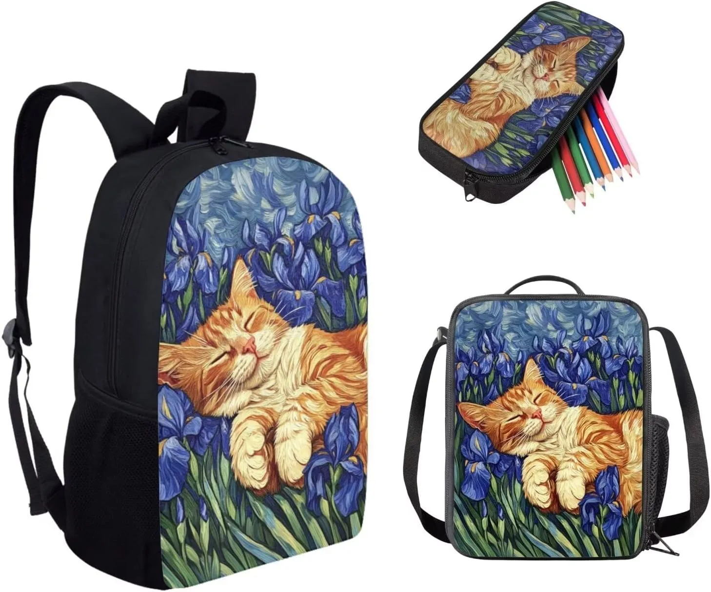doginthehole 3Pcs Backpack Sets for Girls Purple Iris Cute Cat Bookbag with Lunch Box and Pencil Bag Set for Primary School Girls Schoolbag Travel Daypack Shoulder Bag Girls Rucksack knapsack