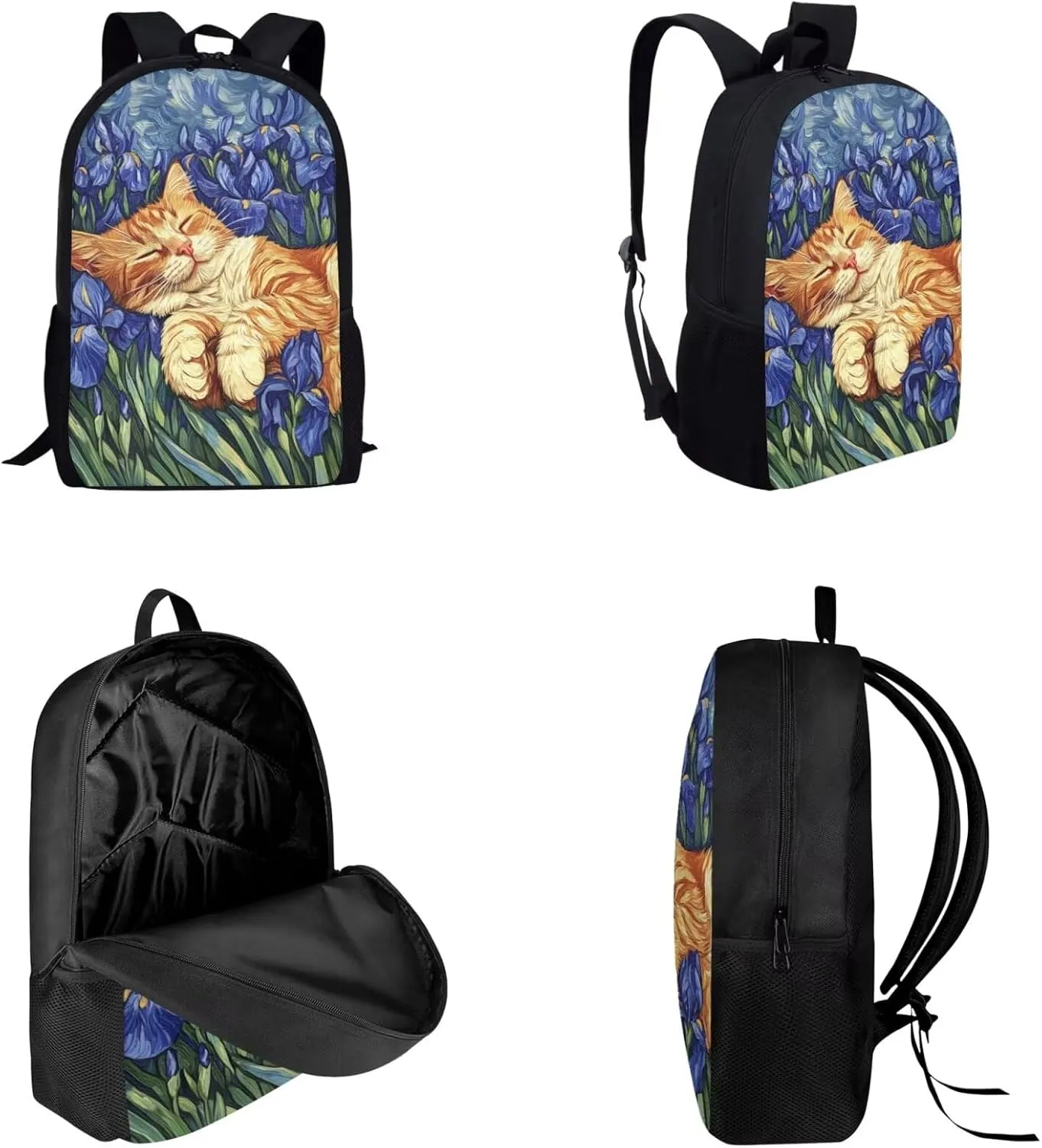 doginthehole 3Pcs Backpack Sets for Girls Purple Iris Cute Cat Bookbag with Lunch Box and Pencil Bag Set for Primary School Girls Schoolbag Travel Daypack Shoulder Bag Girls Rucksack knapsack