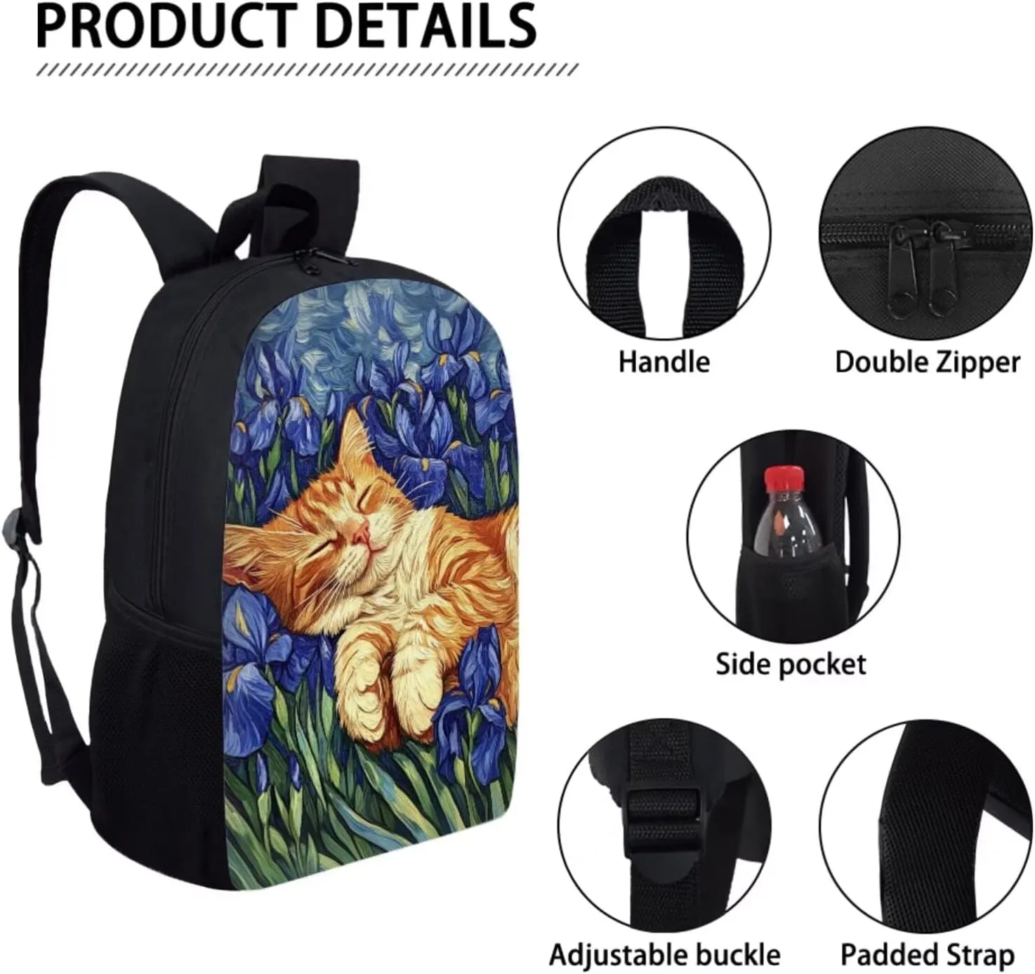 doginthehole 3Pcs Backpack Sets for Girls Purple Iris Cute Cat Bookbag with Lunch Box and Pencil Bag Set for Primary School Girls Schoolbag Travel Daypack Shoulder Bag Girls Rucksack knapsack