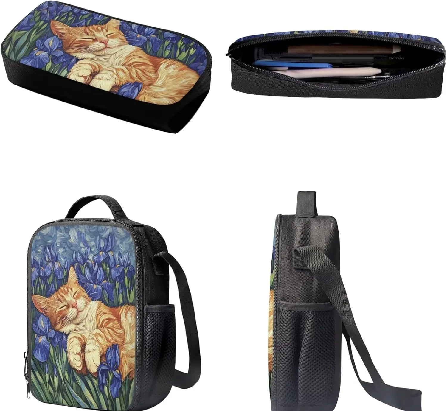 doginthehole 3Pcs Backpack Sets for Girls Purple Iris Cute Cat Bookbag with Lunch Box and Pencil Bag Set for Primary School Girls Schoolbag Travel Daypack Shoulder Bag Girls Rucksack knapsack