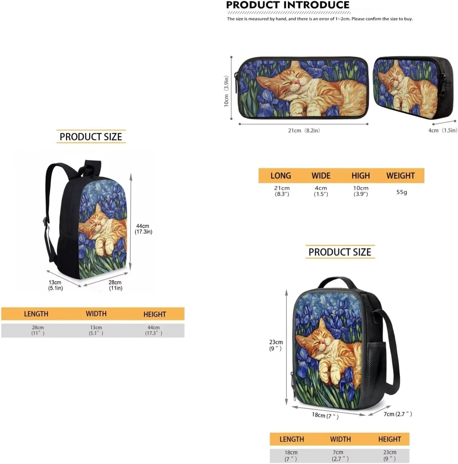 doginthehole 3Pcs Backpack Sets for Girls Purple Iris Cute Cat Bookbag with Lunch Box and Pencil Bag Set for Primary School Girls Schoolbag Travel Daypack Shoulder Bag Girls Rucksack knapsack