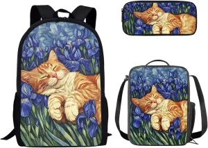 doginthehole 3Pcs Backpack Sets for Girls Purple Iris Cute Cat Bookbag with Lunch Box and Pencil Bag Set for Primary School Girls Schoolbag Travel Daypack Shoulder Bag Girls Rucksack knapsack