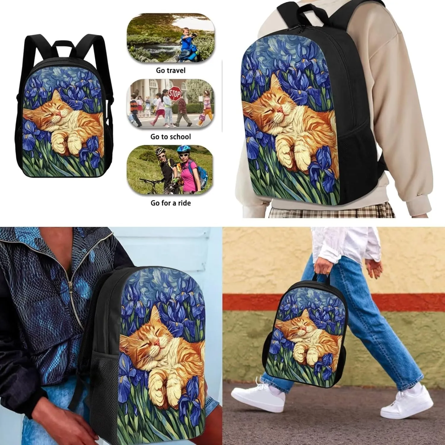 doginthehole 3Pcs Backpack Sets for Girls Purple Iris Cute Cat Bookbag with Lunch Box and Pencil Bag Set for Primary School Girls Schoolbag Travel Daypack Shoulder Bag Girls Rucksack knapsack