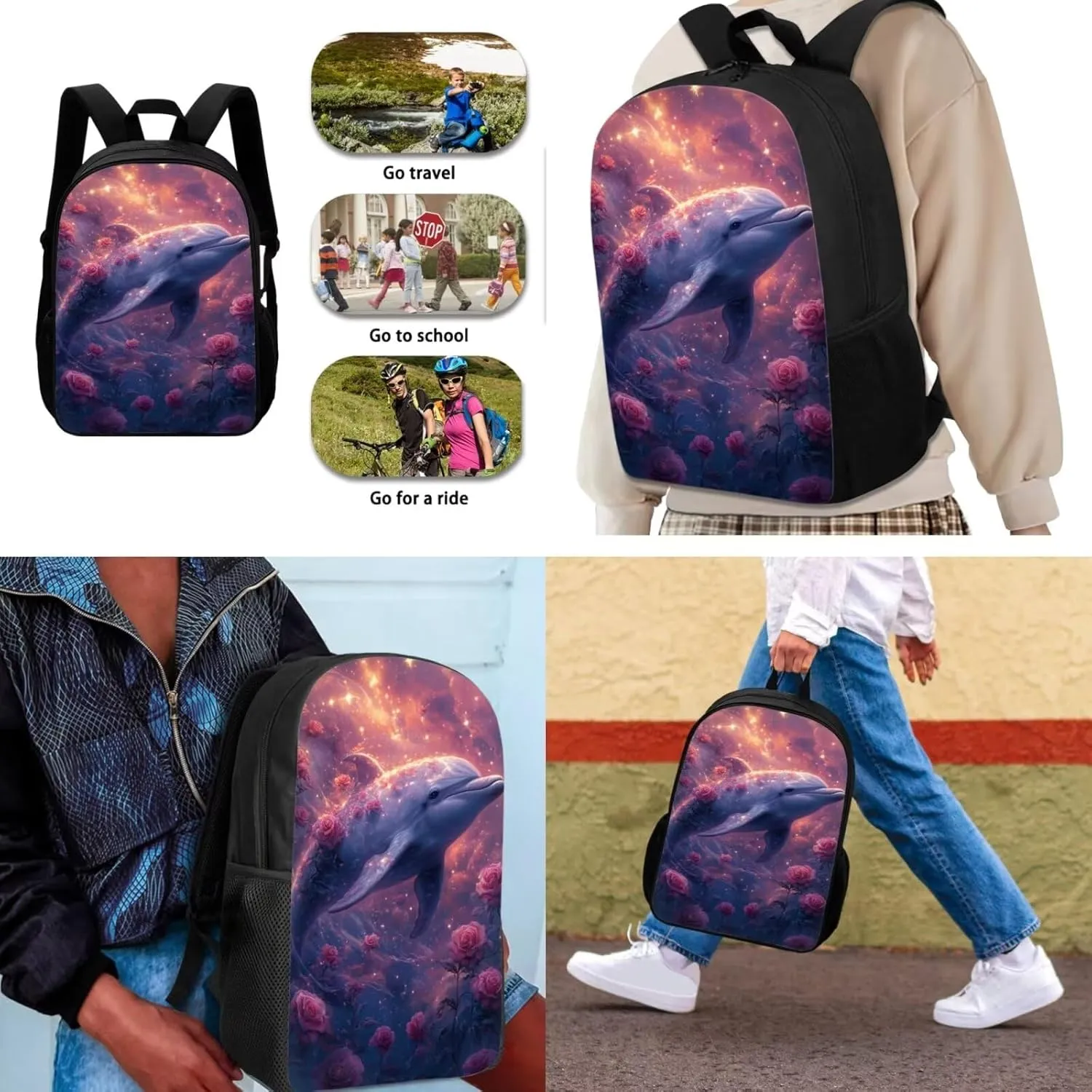 doginthehole Girls Backpack Set 3PCS Kids Backpack with Lunch Box Pencil Case Aesthetic Rose Dolphin School Backpacks for Girls Elementary Middle High School Bookbag Set