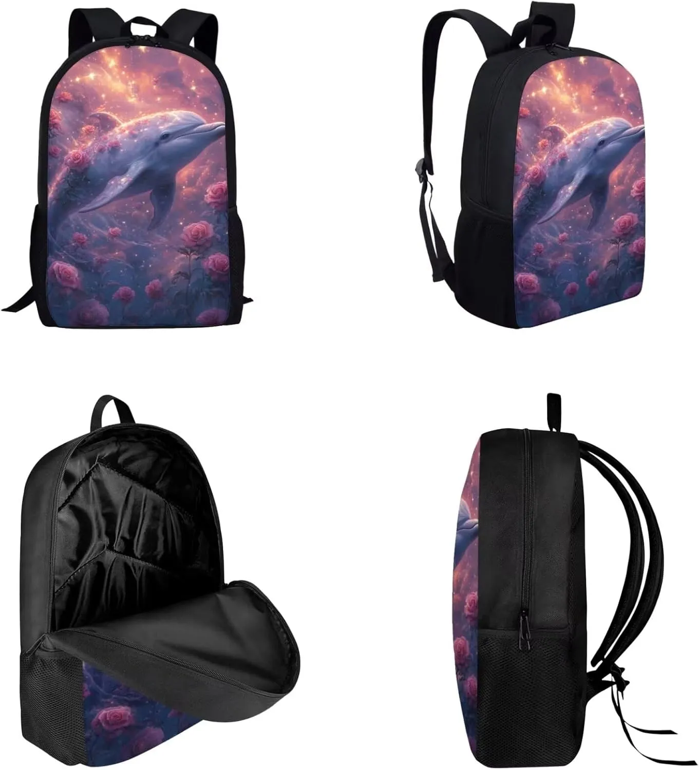 doginthehole Girls Backpack Set 3PCS Kids Backpack with Lunch Box Pencil Case Aesthetic Rose Dolphin School Backpacks for Girls Elementary Middle High School Bookbag Set