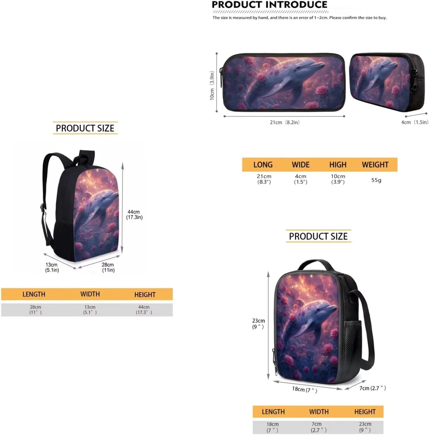 doginthehole Girls Backpack Set 3PCS Kids Backpack with Lunch Box Pencil Case Aesthetic Rose Dolphin School Backpacks for Girls Elementary Middle High School Bookbag Set
