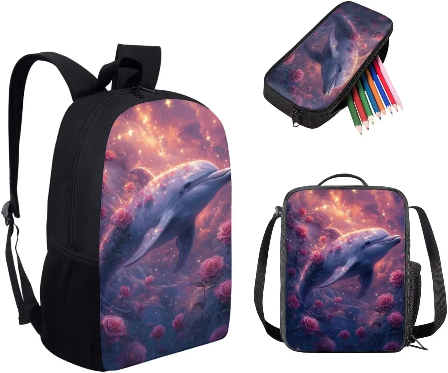 doginthehole Girls Backpack Set 3PCS Kids Backpack with Lunch Box Pencil Case Aesthetic Rose Dolphin School Backpacks for Girls Elementary Middle High School Bookbag Set