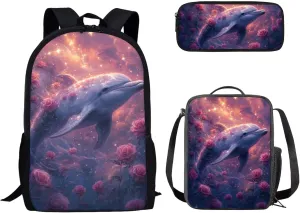 doginthehole Girls Backpack Set 3PCS Kids Backpack with Lunch Box Pencil Case Aesthetic Rose Dolphin School Backpacks for Girls Elementary Middle High School Bookbag Set