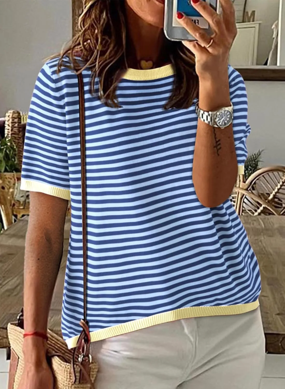 Dokotoo Womens Tops Casual Summer Crewneck Short Sleeve Striped Color Block Knit High Low Trendy Pullover Sweaters