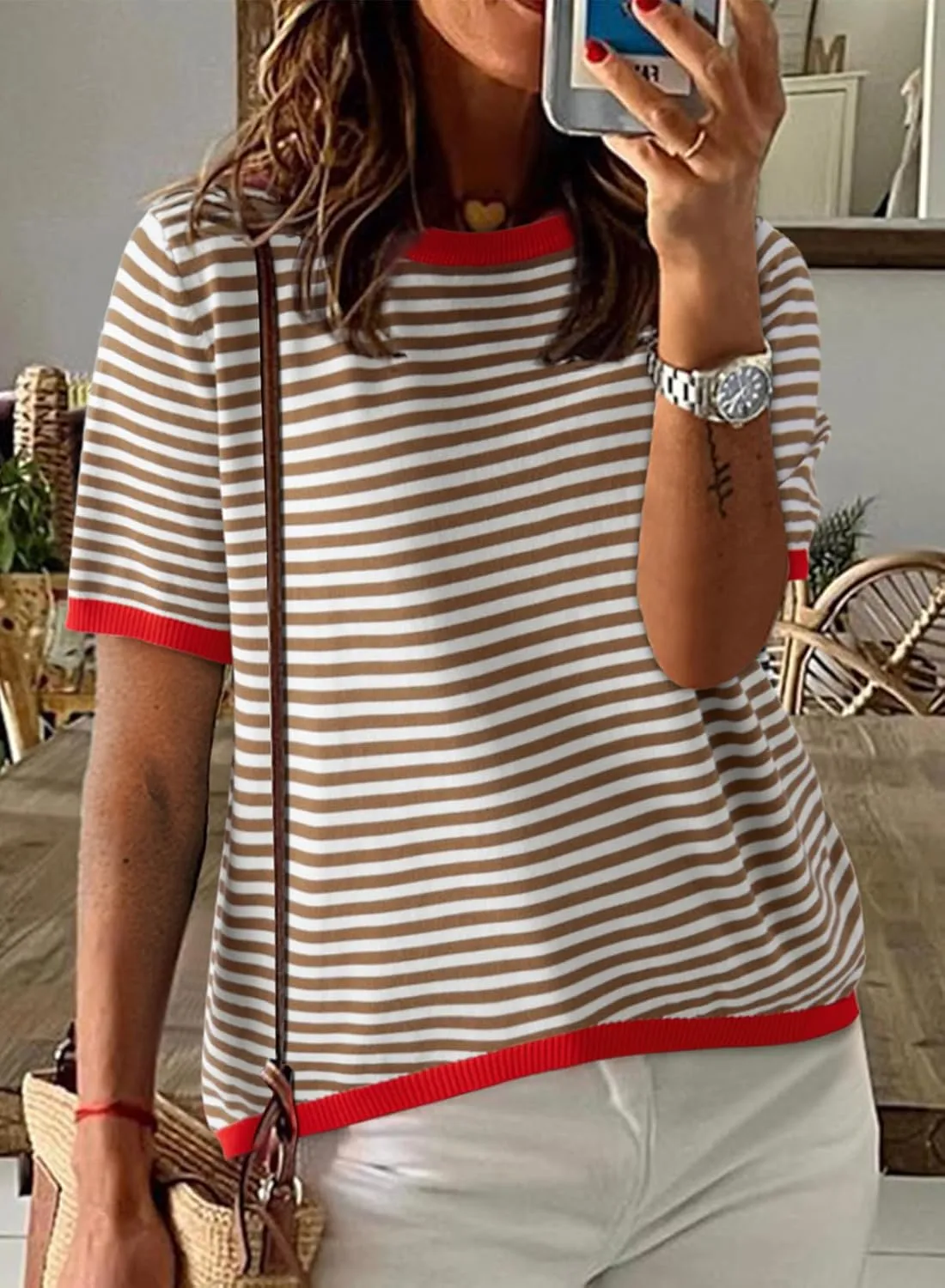 Dokotoo Womens Tops Casual Summer Crewneck Short Sleeve Striped Color Block Knit High Low Trendy Pullover Sweaters
