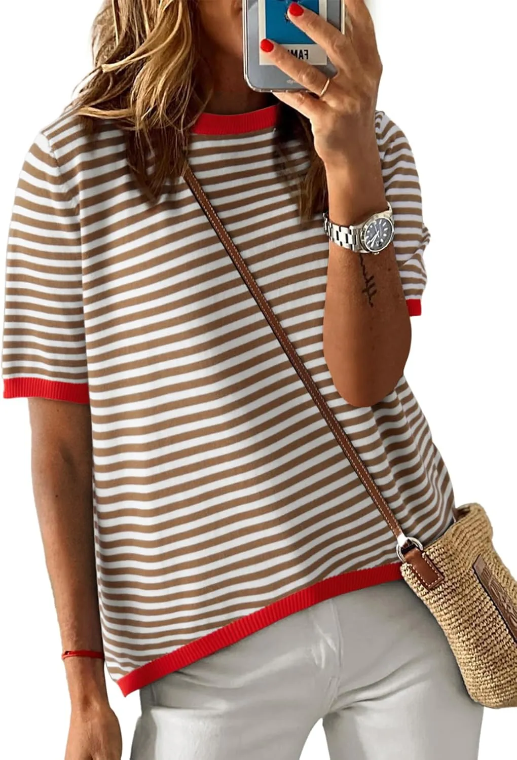 Dokotoo Womens Tops Casual Summer Crewneck Short Sleeve Striped Color Block Knit High Low Trendy Pullover Sweaters