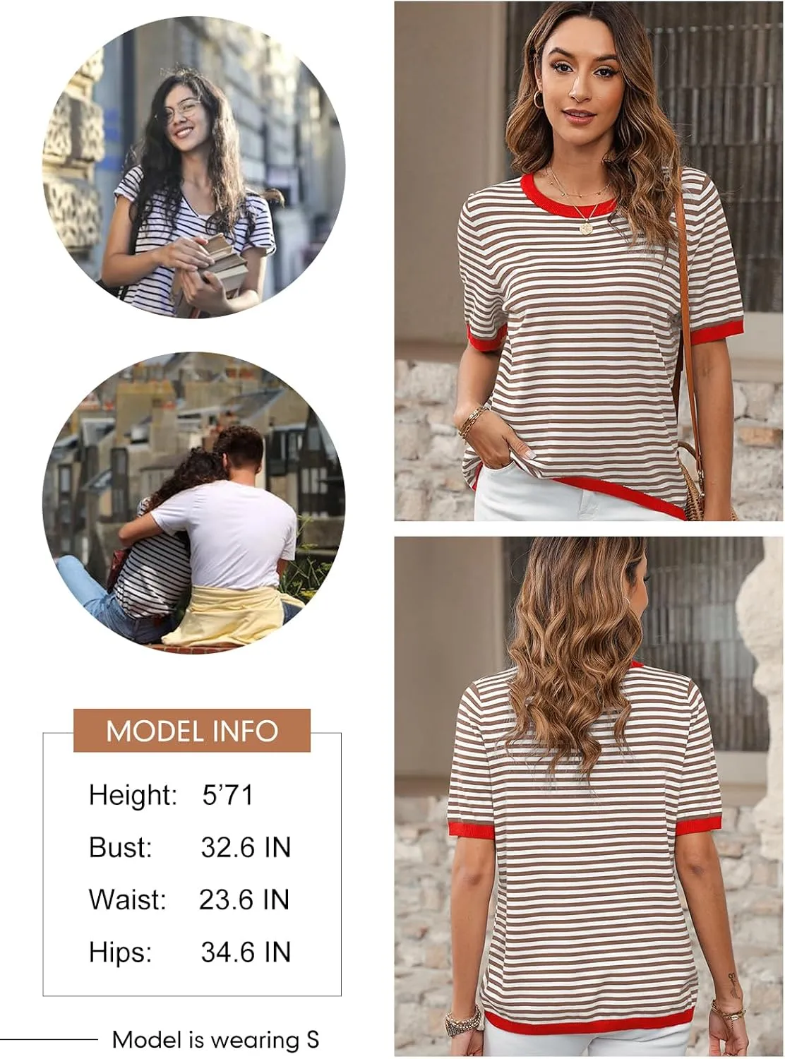 Dokotoo Womens Tops Casual Summer Crewneck Short Sleeve Striped Color Block Knit High Low Trendy Pullover Sweaters