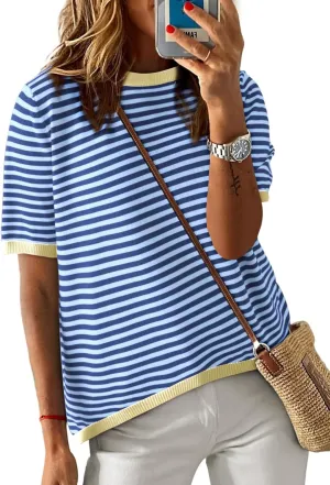 Dokotoo Womens Tops Casual Summer Crewneck Short Sleeve Striped Color Block Knit High Low Trendy Pullover Sweaters