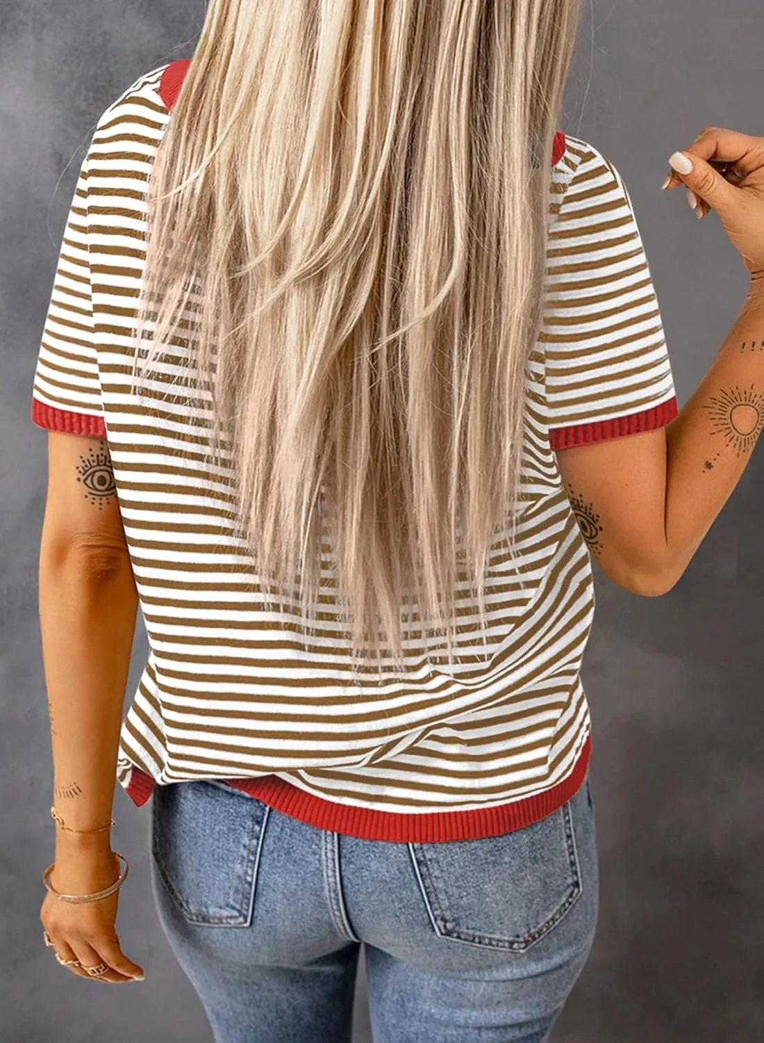 Dokotoo Womens Tops Casual Summer Crewneck Short Sleeve Striped Color Block Knit High Low Trendy Pullover Sweaters