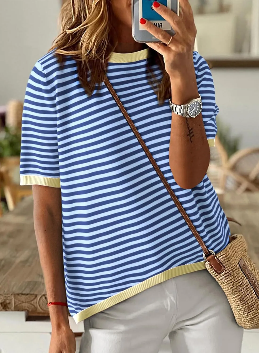 Dokotoo Womens Tops Casual Summer Crewneck Short Sleeve Striped Color Block Knit High Low Trendy Pullover Sweaters
