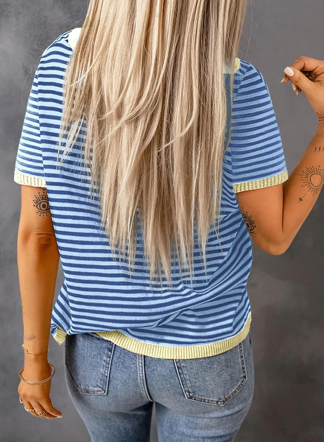 Dokotoo Womens Tops Casual Summer Crewneck Short Sleeve Striped Color Block Knit High Low Trendy Pullover Sweaters