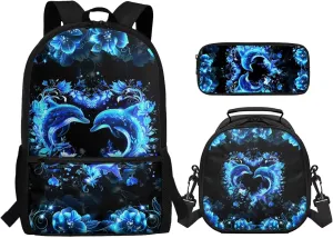 Dolphin Backpack with Lunch Box Bookbag for 6 Grade Girls 3 Piece School Bag Set with Pencil Case 17 Inch Kindergarten Primary School Back Pack for Students Outdoor Picnic Camping